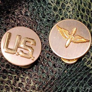 WWII US Army Air Corps Enlisted Collar Brass Insignia Pins Disc Pair WW2 USAAF